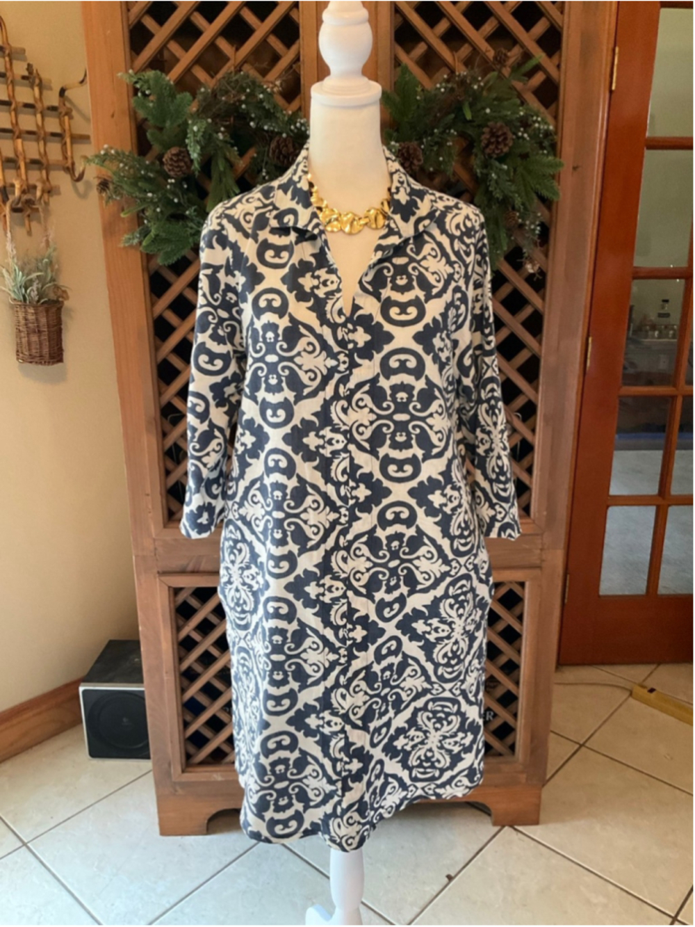 Terzo Millennio Linen Italy Resort Coastal Damask Print Dress Size M